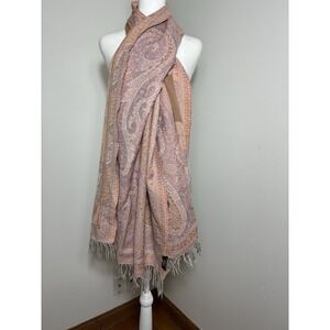 YASB 100% Wool Paisley Scarf Light Pink Embroidered Fringe Indian